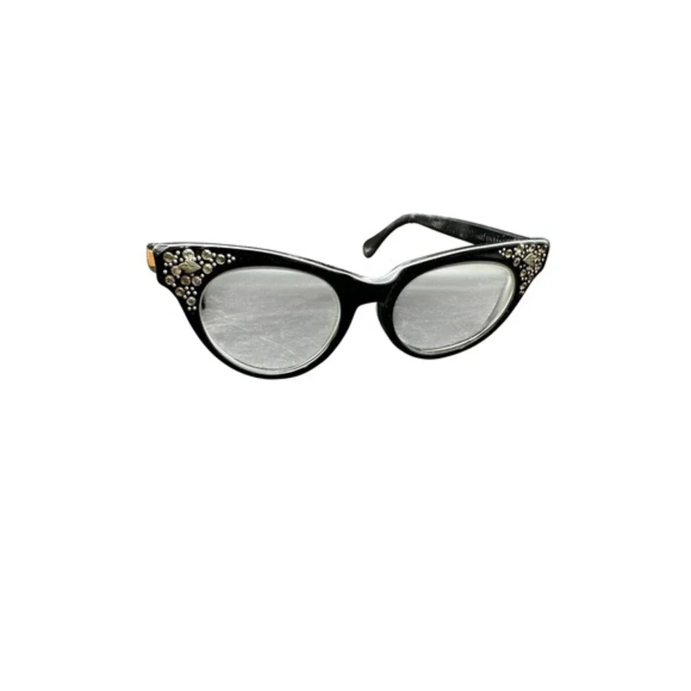 Vintage Imperial Black‎ Cat Eye Glasses Rhinestone MCM 50s Frames Rockabilly KC